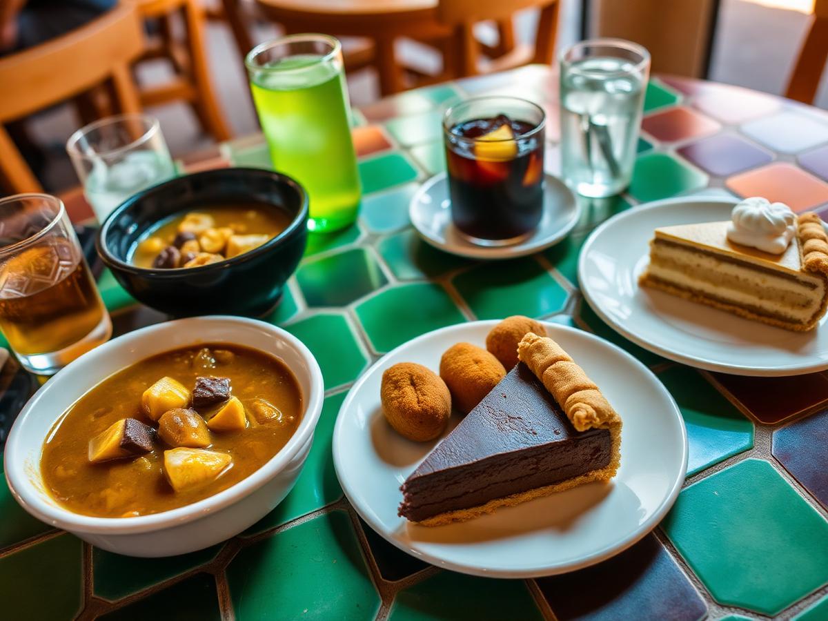 Table with vatapá, coxinhas, chocolate pie, cake and cold drinks