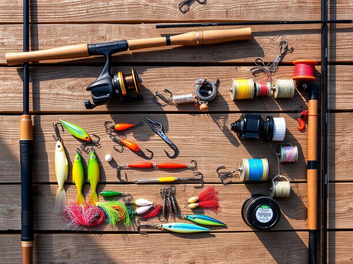 Fishing rods, reels and colourful lures laid out on wood