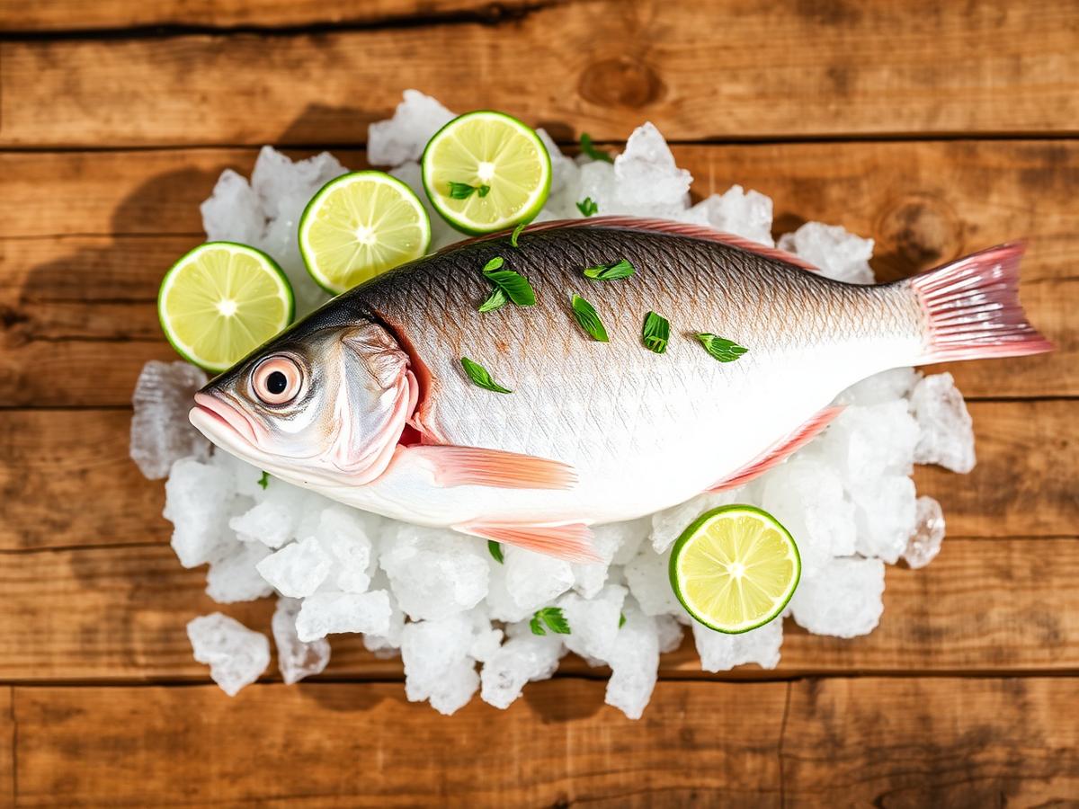 Fresh whole tilapia on ice with lime slices